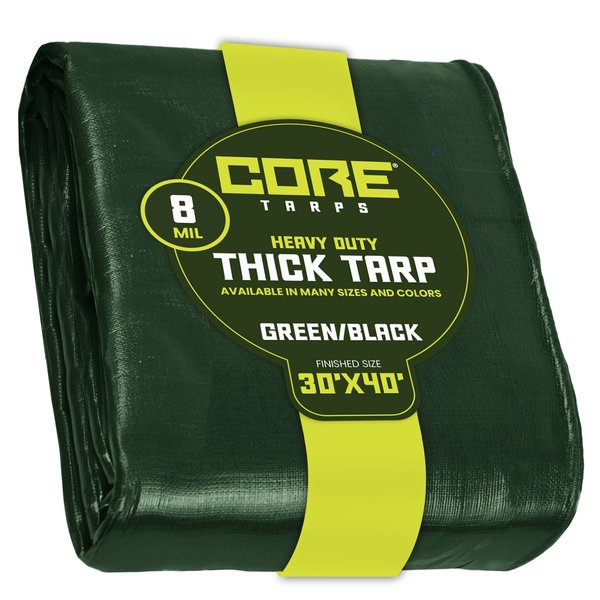 Core Tarps 40 ft L x 0.5 mm H x 30 ft W Heavy Duty 8 Mil Tarp, Green/Black, Polyethylene CT-403-30X40